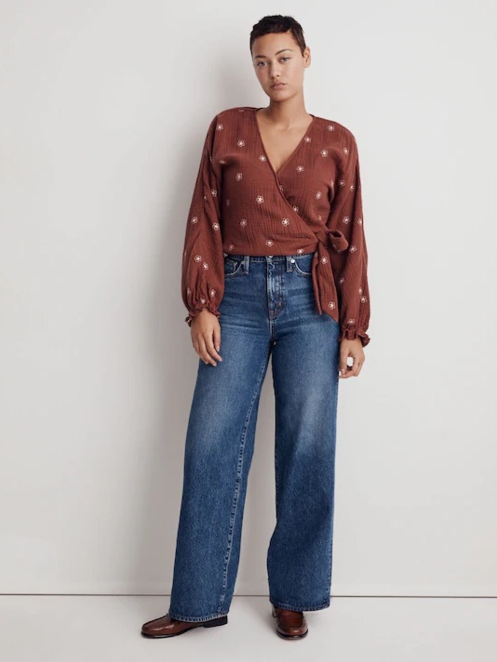 Embroidered Rust Tie-Waist Wrap Top - Women
